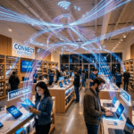 Electronics store interior showing customers using laptops and smartphones with free WiFi signs.