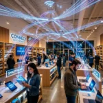 Electronics store interior showing customers using laptops and smartphones with free WiFi signs.