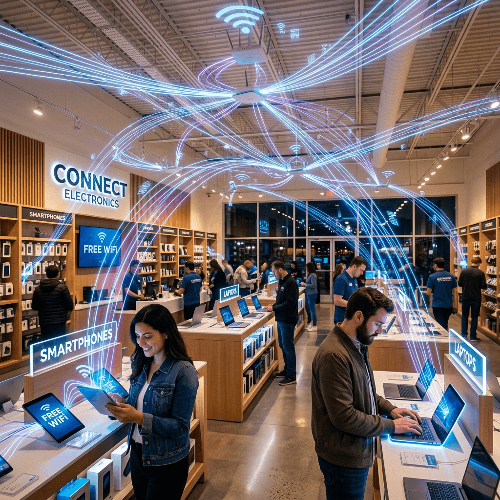 Electronics store interior showing customers using laptops and smartphones with free WiFi signs.