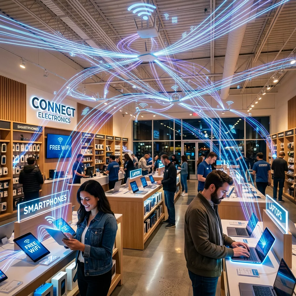 Electronics store interior showing customers using laptops and smartphones with free WiFi signs.